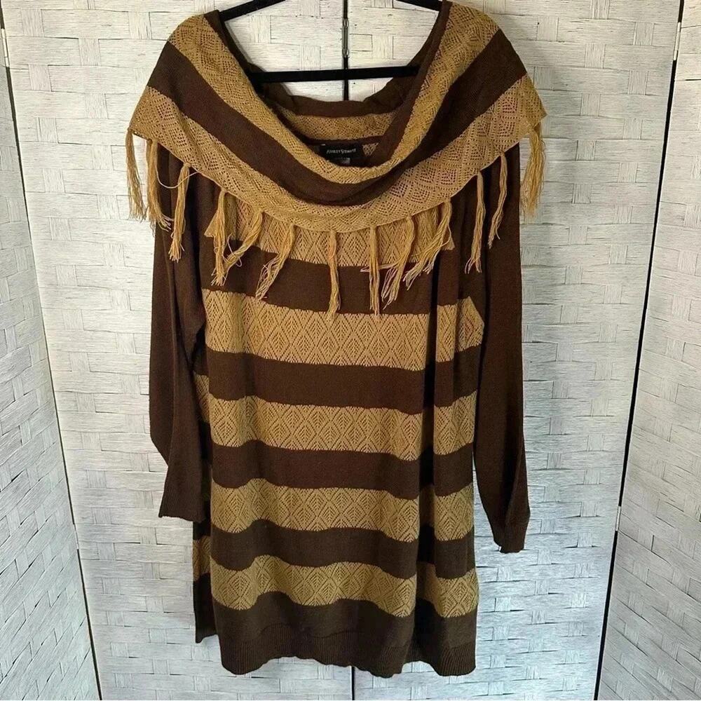 Ashley Stewart off the shoulder tan & brown striped Sweater w tassels plus size
